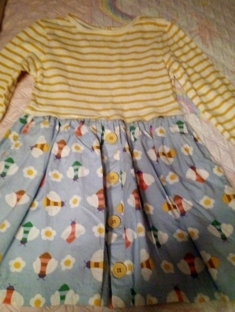 Mini Boden Yellow-Striped Dress Top with Light Blue Bee & Daisy Skirt Sz 5/6Y